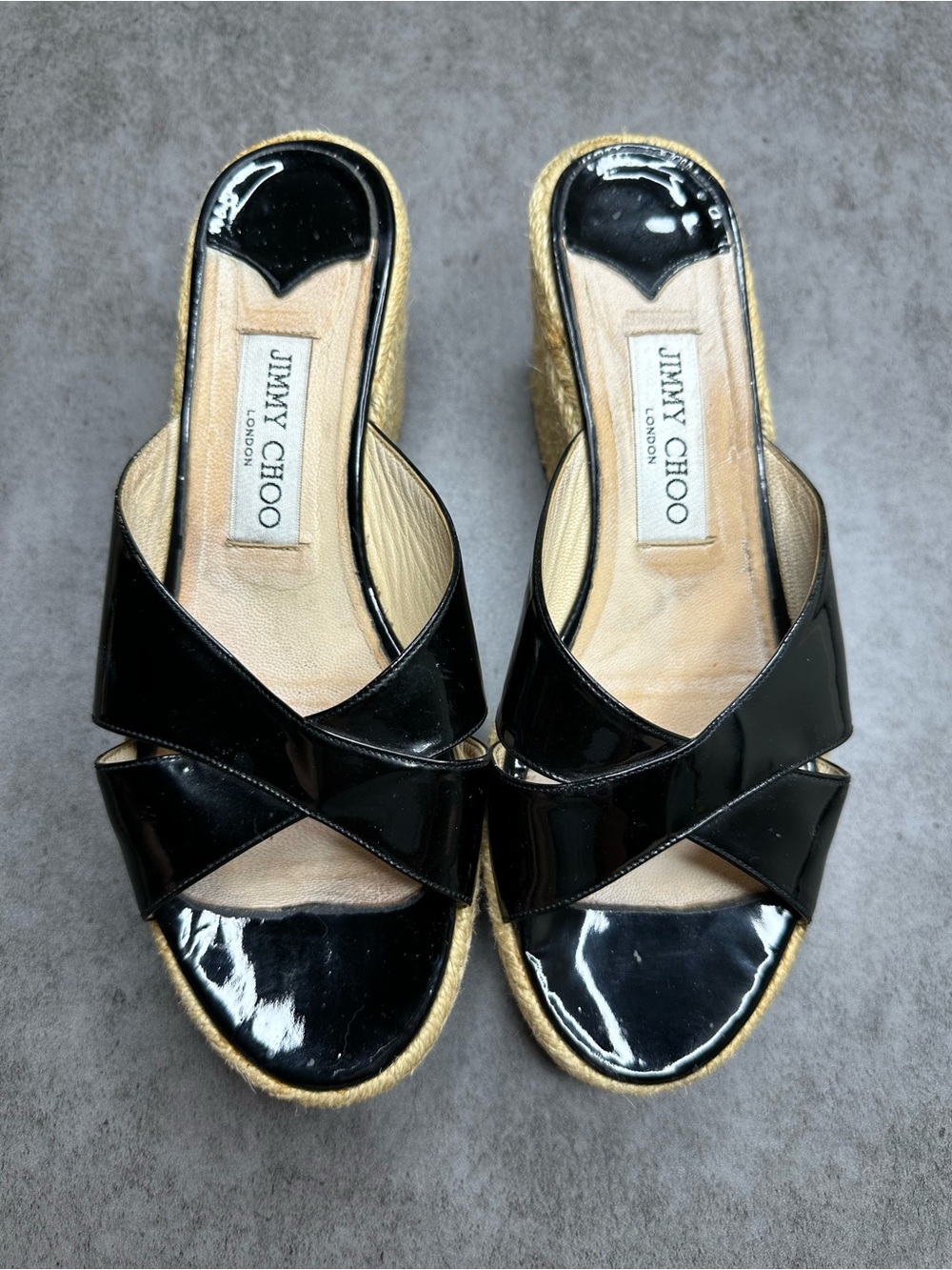 Jimmy Choo Black Patent Leather Woven Espadrille Mules